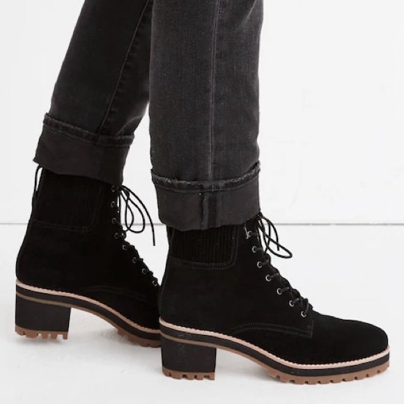 Madewell The Lorelei Black Suede Lug Sole Block Heel Lace-Up Boot Size 7.5 - Picture 1 of 16